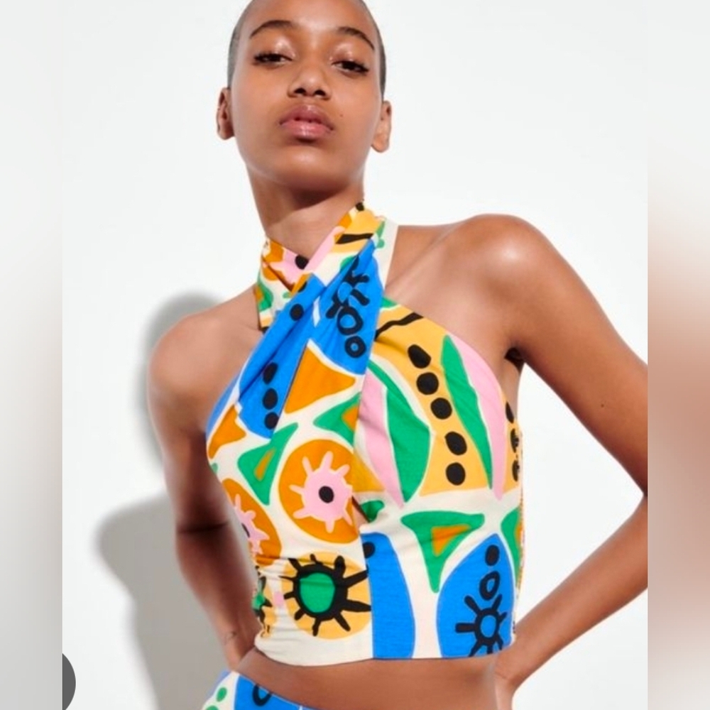 Zara Printed Halter Top Colorful Abstract Crop Summer Statement